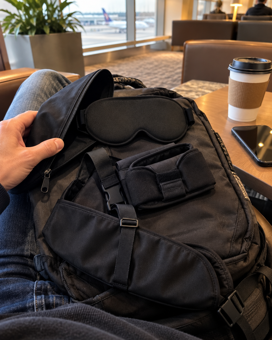 Flight Sleep set unpacked in an airport lounge