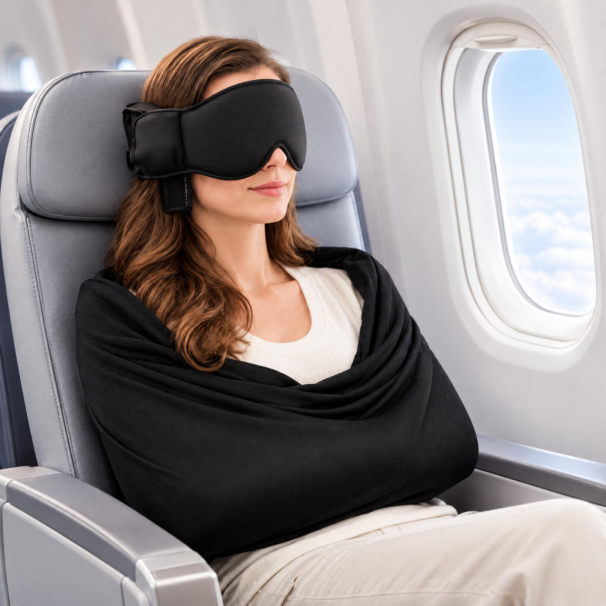 Flight Sleep 3-in-1 Travel Sleep Set worn in an airline seat
